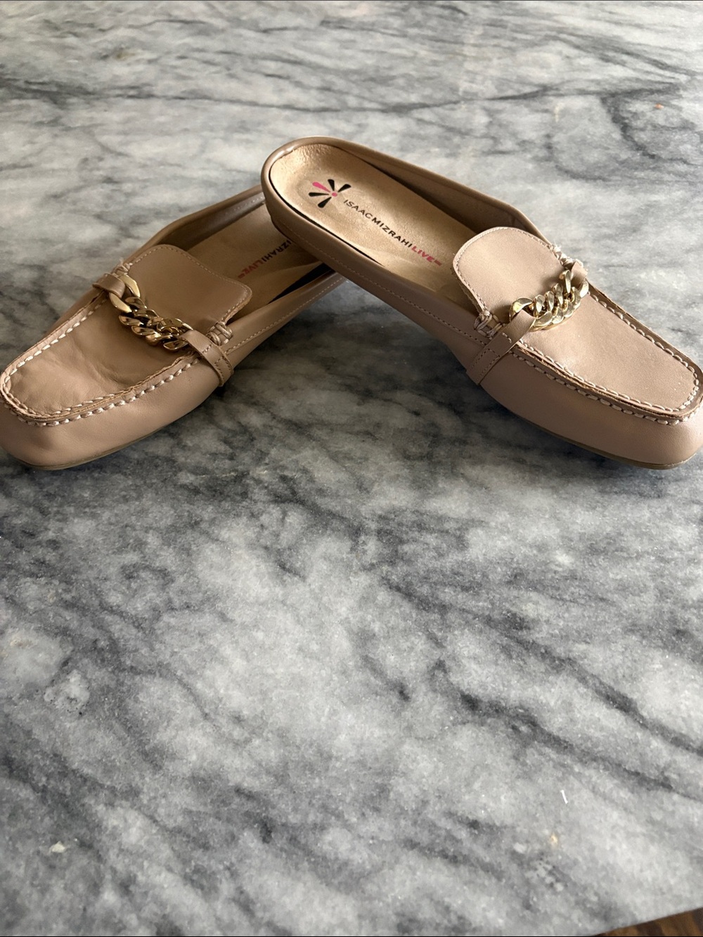 Isaac Mizrahi Beige Taupe Chain-Accent Mule Loafers